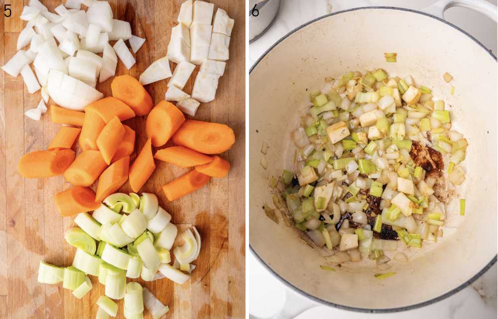 Chopped vegetables on a board. Sauteed leeks and onion in a pot.
