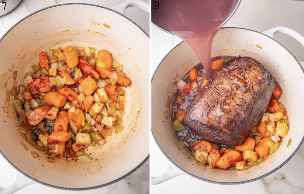 Sauteed begetables in a pot. Marinade is being added to meat and vegetables in a pot.