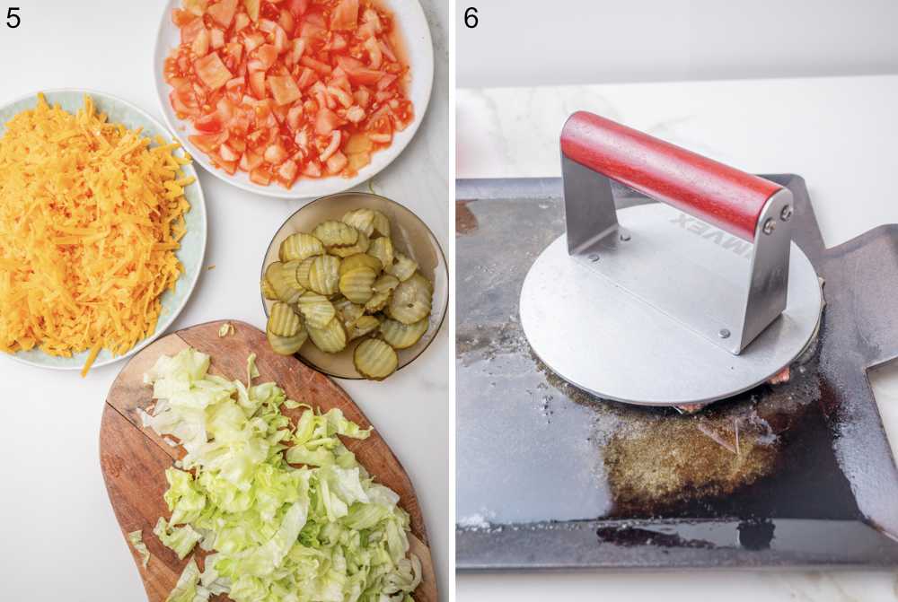 Prepped ingredients for tacos. Groind beef is being smashed on a griddle.